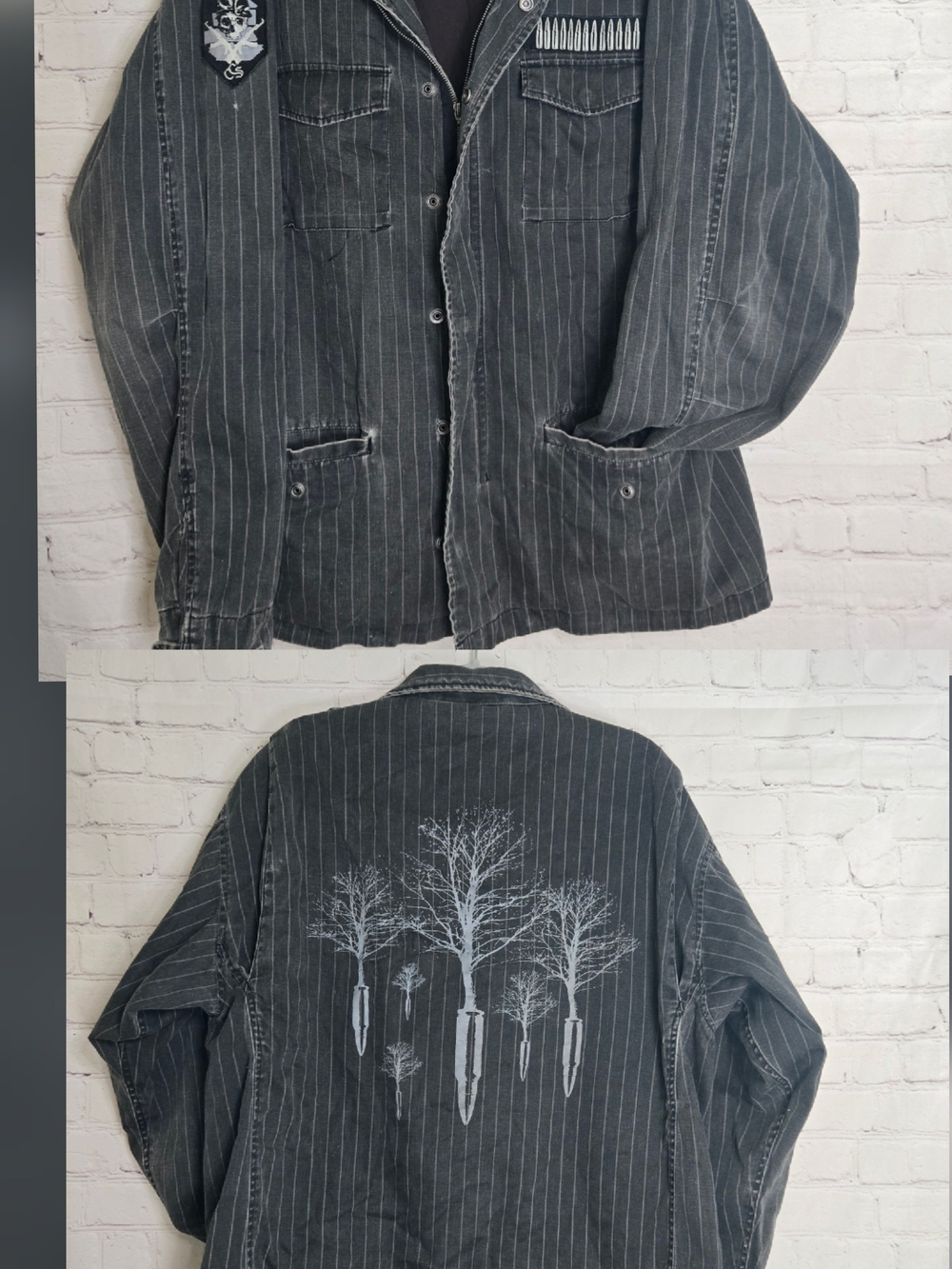y2k punk skater grunge black pinstripe utility jacket with chore pockets Cotton